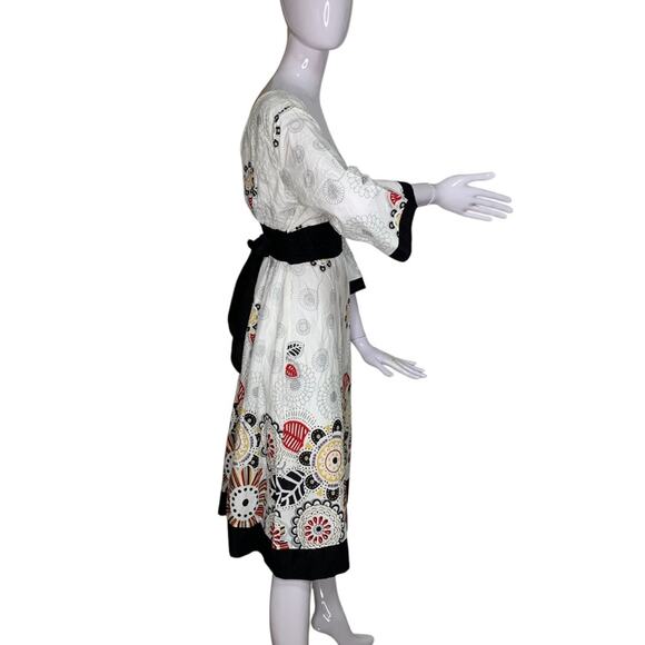 Beautiful! Kimono Cut Floral Dress Size Small Wide 3/4 Sleeves White and Brown - Picture 5 of 12